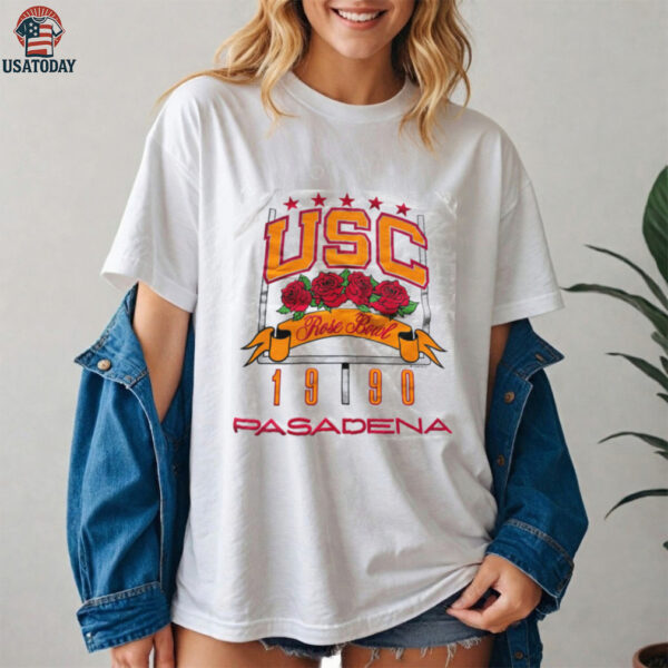 1990 USC Trojans Rose Bowl Pasadena California Vintage White Puff Print College Football Shirt