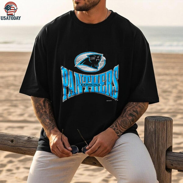 1996 Carolina Panthers Vintage Black Logo 7 Squeeze Spellout Logo NFL Shirt