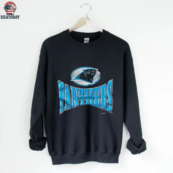 1996 Carolina Panthers Vintage Black Logo 7 Squeeze Spellout Logo NFL Shirt