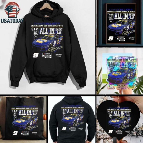 Chase Elliott Checkered Flag Sports Black 2025 NASCAR Cup Series Playoffs NAPA All In T Shirt