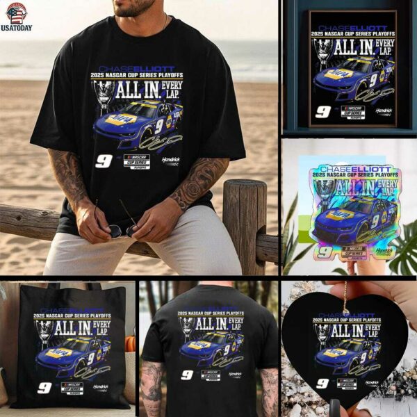Chase Elliott Checkered Flag Sports Black 2025 NASCAR Cup Series Playoffs NAPA All In T Shirt