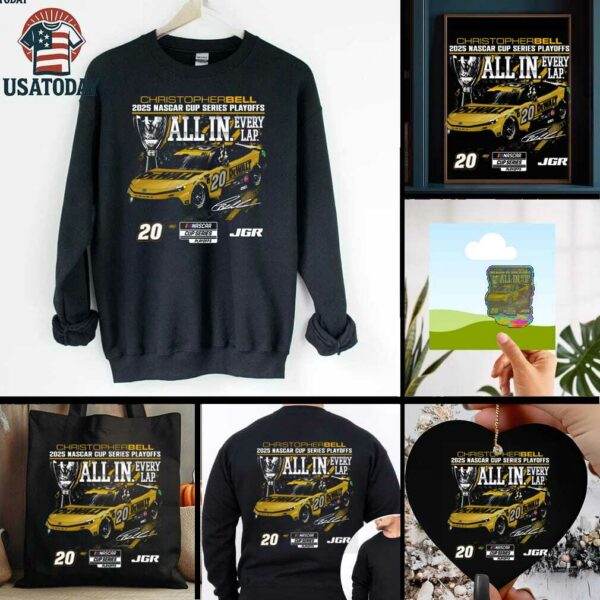 Christopher Bell Checkered Flag Sports Black 2025 NASCAR Cup Series Playoffs DeWalt All In T Shirt