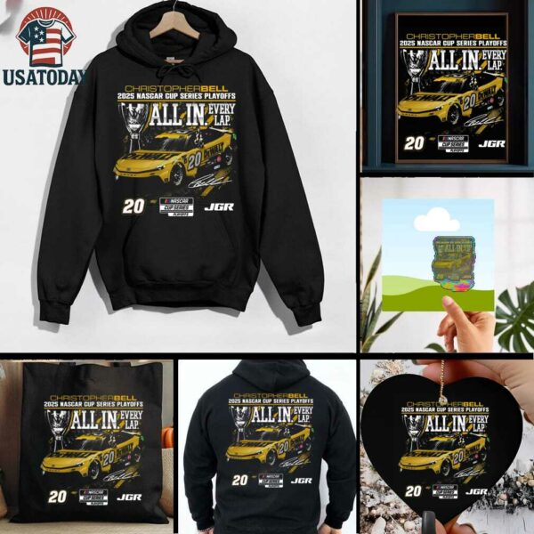 Christopher Bell Checkered Flag Sports Black 2025 NASCAR Cup Series Playoffs DeWalt All In T Shirt