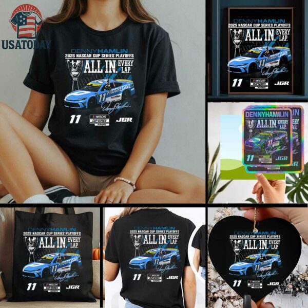 Denny Hamlin Checkered Flag Sports Black Progressive Car Playoff T Shirt