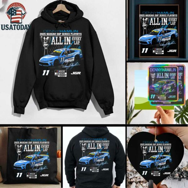 Denny Hamlin Checkered Flag Sports Black Progressive Car Playoff T Shirt