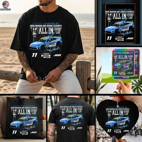 Denny Hamlin Checkered Flag Sports Black Progressive Car Playoff T Shirt