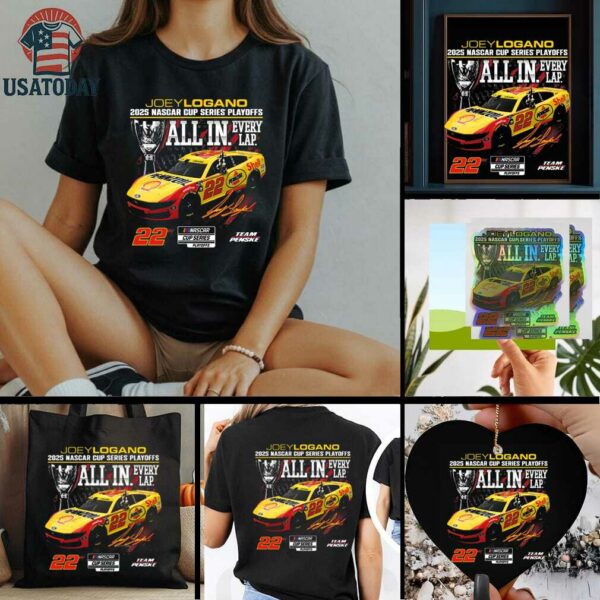 Joey Logano Checkered Flag Sports Black 2025 NASCAR Cup Series Playoffs Shell Pennzoil All In T Shirt