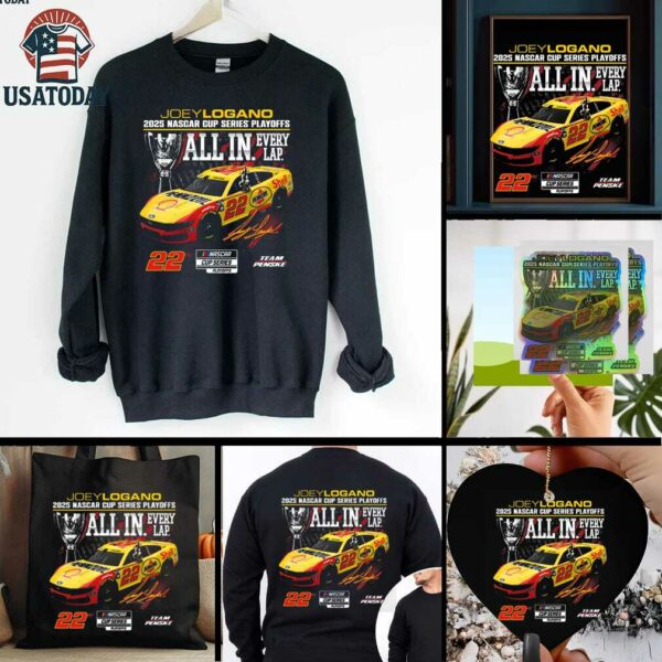 Joey Logano Checkered Flag Sports Black 2025 NASCAR Cup Series Playoffs Shell Pennzoil All In T Shirt
