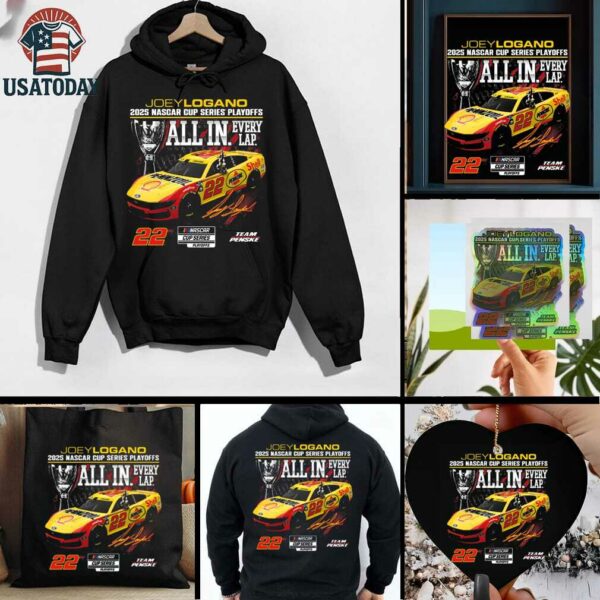 Joey Logano Checkered Flag Sports Black 2025 NASCAR Cup Series Playoffs Shell Pennzoil All In T Shirt