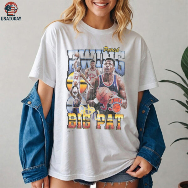 New York Knicks Patrick Ewing Mitchell & Ness White Hardwood Classics Commemorative Player Collage T Shirt