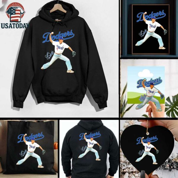 V BTS x Los Angeles Dodgers baseball throwing position signature shirt