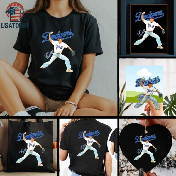 V BTS x Los Angeles Dodgers baseball throwing position signature shirt