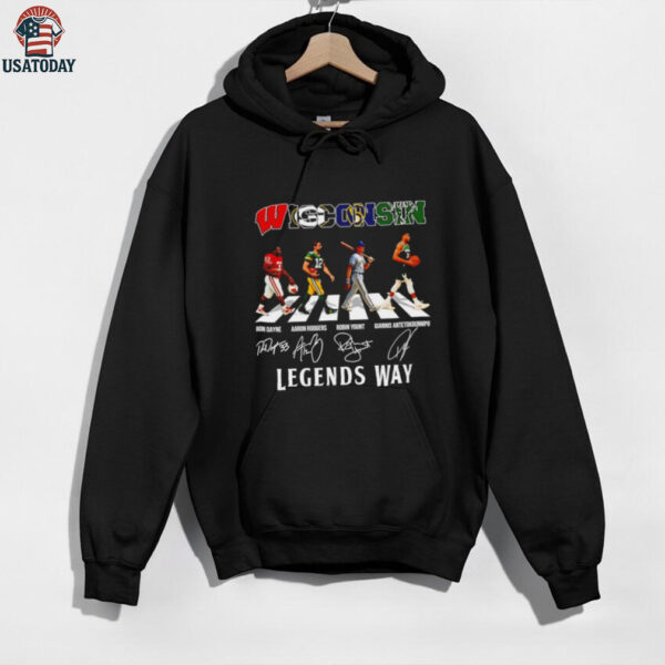 Wisconsin Ron Dayne Aaron Rodgers Robin Yount Giannis Antetokounmpo legends way abbey road signatures shirt