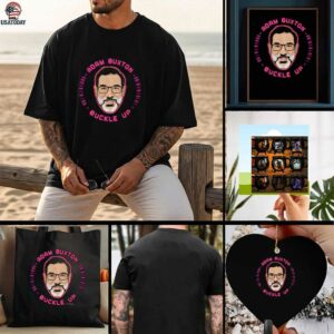 Adam Buxton big face Buckle Up cartoon shirt