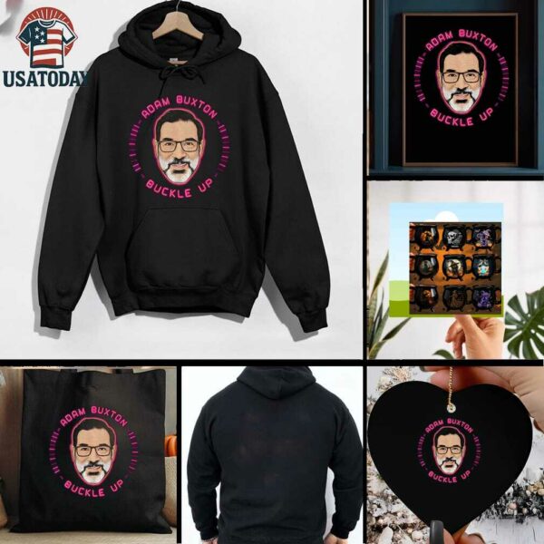 Adam Buxton big face Buckle Up cartoon shirt