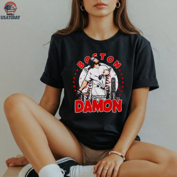 Johnny Damon Boston skyline celebration shirt