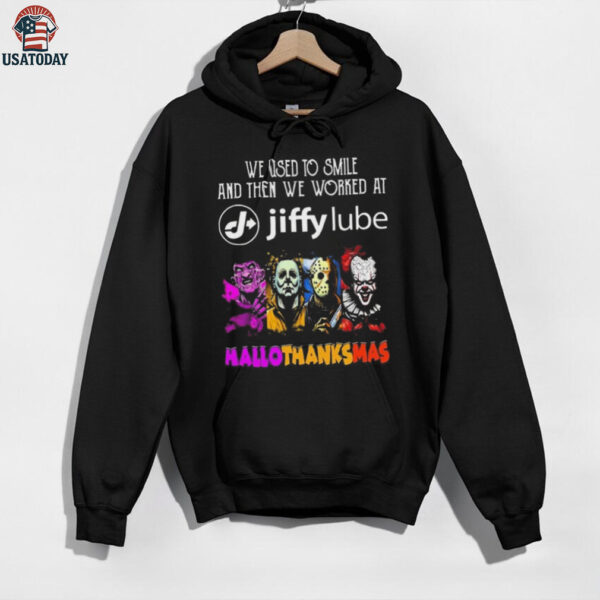 Official Horror Characters We Used To Smile And Then We Worked At Jiffy Lube Hallothanksmas 2025 Shirt