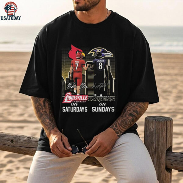 Official Moss Louisville Cardinals On Saturdays And Jackson Baltimore Ravens On Sundays Signatures 2025 Shirt