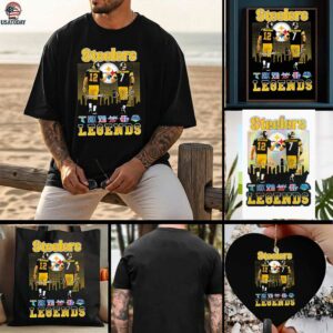 Pittsburgh Steelers city skyline Bradshaw and Roethlisberger legends Super Bowl signatures shirt