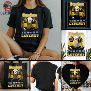 Pittsburgh Steelers city skyline Bradshaw and Roethlisberger legends Super Bowl signatures shirt