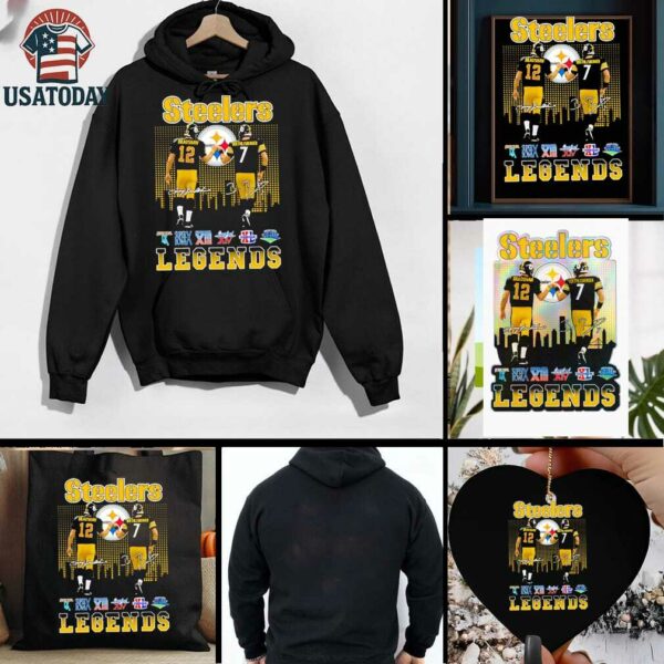 Pittsburgh Steelers city skyline Bradshaw and Roethlisberger legends Super Bowl signatures shirt
