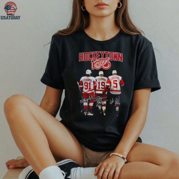 Sergei Fedorov Steve Yzerman and Nicklas Lidstrom Red Wings Hockeytown signatures shirt