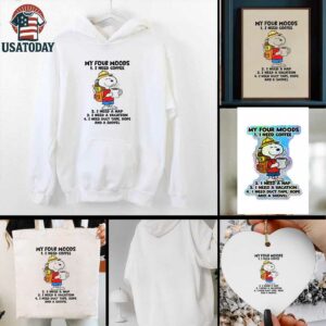 Snoopy my four moods I need coffee I need a nap I need a vacation I need duct tape rope and a shovel shirt