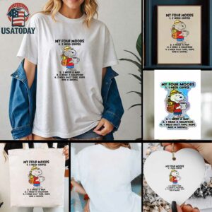 Snoopy my four moods I need coffee I need a nap I need a vacation I need duct tape rope and a shovel shirt