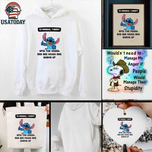 Stitch 12 moods 1 body spin the wheel and see which one shows up t shirt