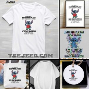 Stitch my mind is a dangerous place but my mouth is worse I have no filters or brakes if it hits my brain t shirt