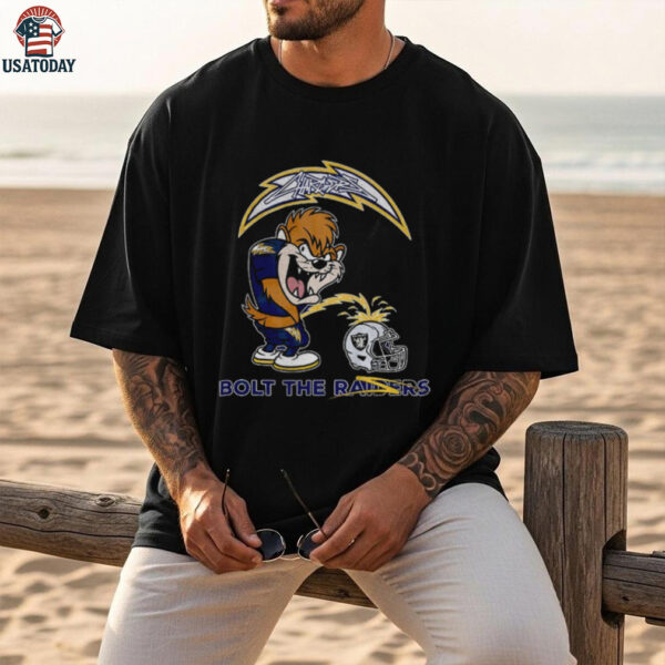 Tasmanian Devil Los Angeles Chargers piss on Las Vegas Raiders helmet Bolts the Raiders shirt