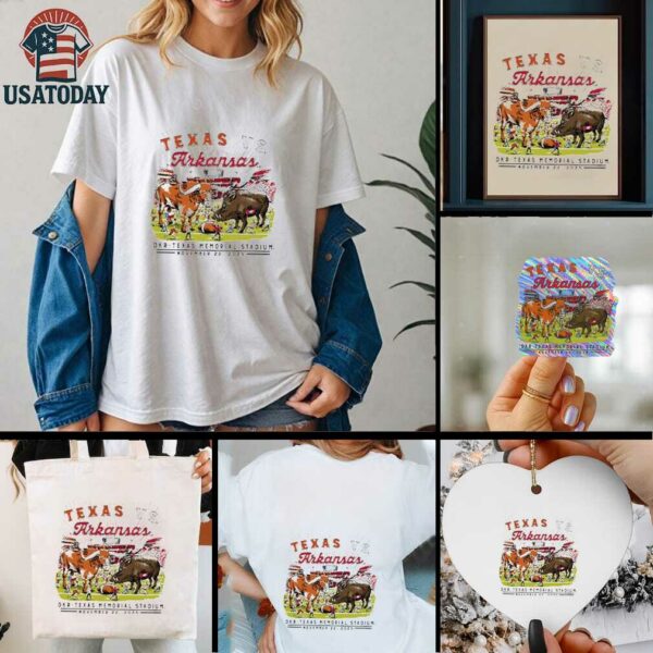 Texas Longhorns vs Arkansas Razorbacks DKR Texas Memorial stadium game day 2025 mascot football shirt