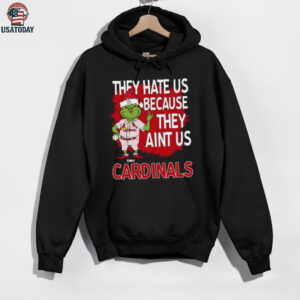 Custom St. Louis Cardinals Christmas Shirt, Funny Grinch Santa Baseball Tee with Quote They Hate Us Ain’t Us, MLB Fan Gift