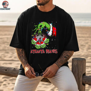 Atlanta Braves Personalized Grinch Holiday Lights Tee – MLB Baseball Custom Name Fan Christmas Shirt