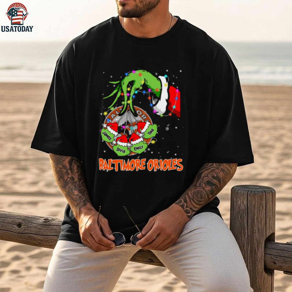Baltimore Orioles Custom Grinch Christmas Lights Shirt – Personalized Name MLB Fan Holiday Baseball Tee Baltimore Orioles Custom Grinch Christmas Lights Shirt – Personalized Name MLB Fan Holiday Baseball Tee