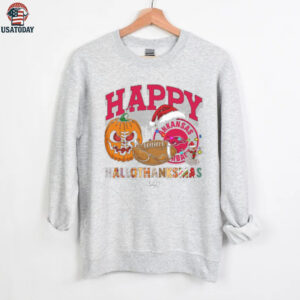 Custom Arkansas Razorbacks HalloThanksMas Shirt, Festive Holiday Tee with Pumpkin Football Santa Hat, NCAA Gift for Halloween Thanksgiving Christmas