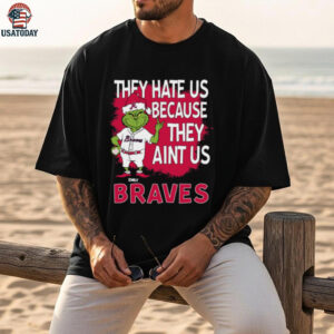 Custom Atlanta Braves Grinch Santa Christmas Shirt, Baseball Tee with Quote They Hate Us Ain’t Us, Funny MLB Fan Gift