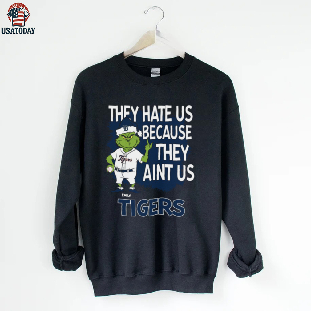 Custom Detroit Tigers Christmas Shirt, Grinch Santa Baseball Tee with Quote They Hate Us Ain’t Us, Funny MLB Fan Gift Custom Detroit Tigers Christmas Shirt, Grinch Santa Baseball Tee with Quote They Hate Us Ain’t Us, Funny MLB Fan Gift