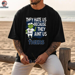 Custom Detroit Tigers Christmas Shirt, Grinch Santa Baseball Tee with Quote They Hate Us Ain’t Us, Funny MLB Fan Gift