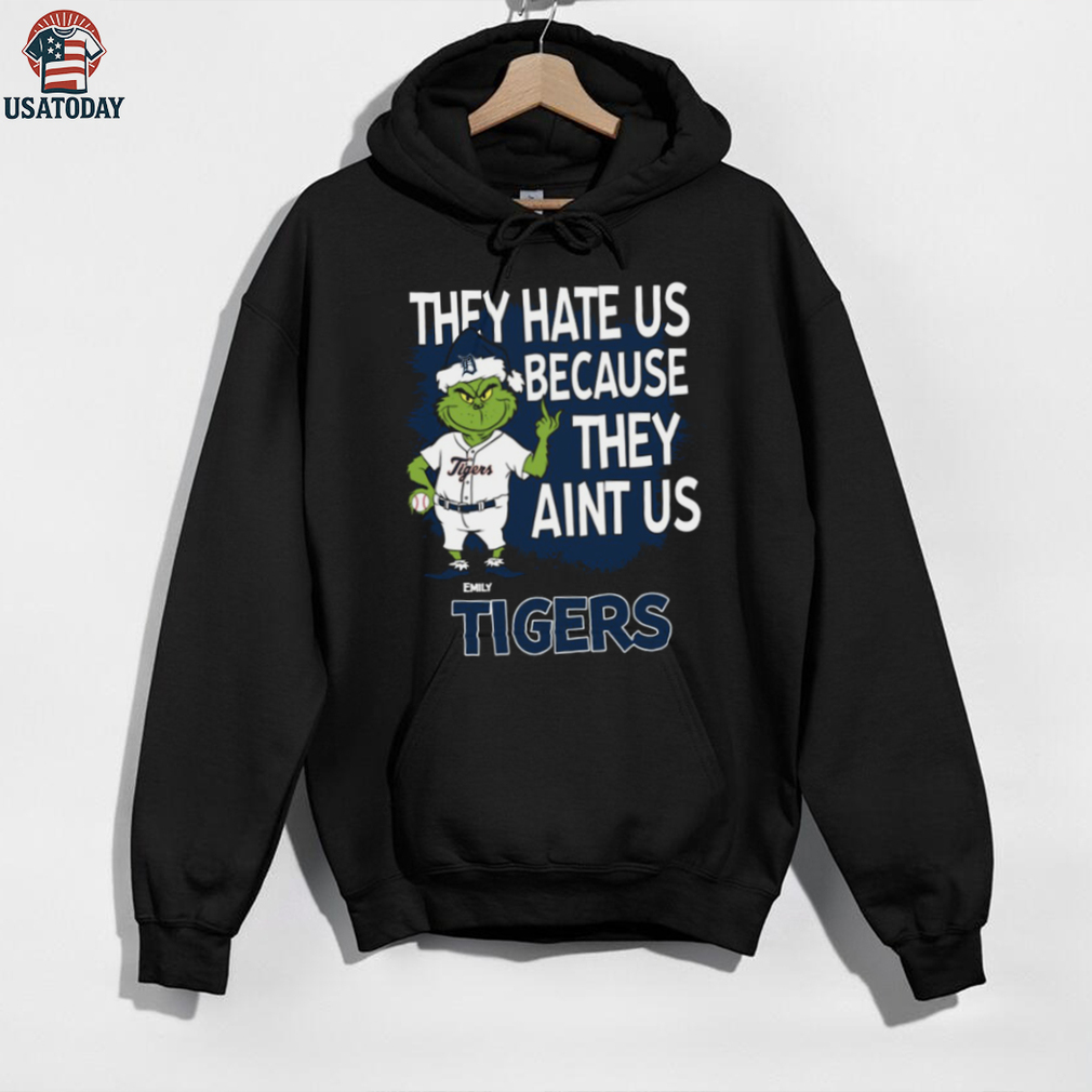 Custom Detroit Tigers Christmas Shirt, Grinch Santa Baseball Tee with Quote They Hate Us Ain’t Us, Funny MLB Fan Gift Custom Detroit Tigers Christmas Shirt, Grinch Santa Baseball Tee with Quote They Hate Us Ain’t Us, Funny MLB Fan Gift