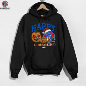 Custom Kansas Jayhawks HalloThanksMas Shirt, Cute Holiday Tee with Pumpkin Santa Hat Football, NCAA Gift for Halloween Thanksgiving Christmas