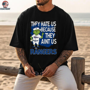 Custom Texas Rangers Christmas Shirt, Funny Grinch Santa Baseball Tee with Quote They Hate Us Ain’t Us, MLB Fan Gift