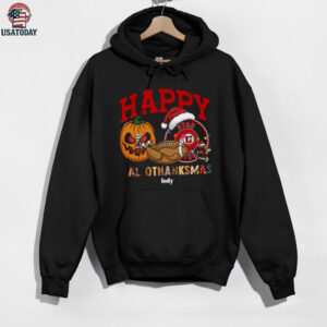 Custom Utah Utes HalloThanksMas Shirt, Festive Holiday Tee with Pumpkin Football Santa Hat, NCAA Gift for Halloween Thanksgiving Christmas