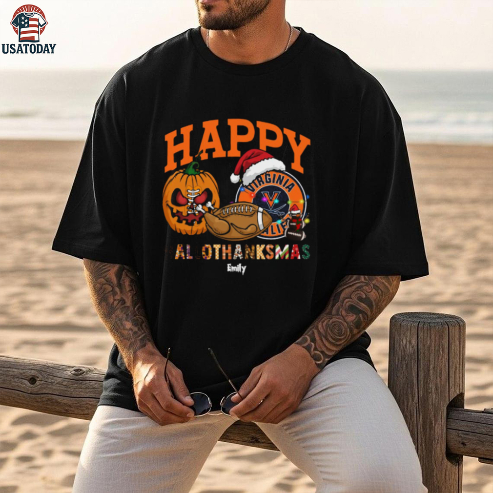 Custom Virginia Cavaliers HalloThanksMas Shirt, Cute Holiday Tee with Pumpkin Santa Hat Football, NCAA Gift for Halloween Thanksgiving Christmas Custom Virginia Cavaliers HalloThanksMas Shirt, Cute Holiday Tee with Pumpkin Santa Hat Football, NCAA Gift for Halloween Thanksgiving Christmas