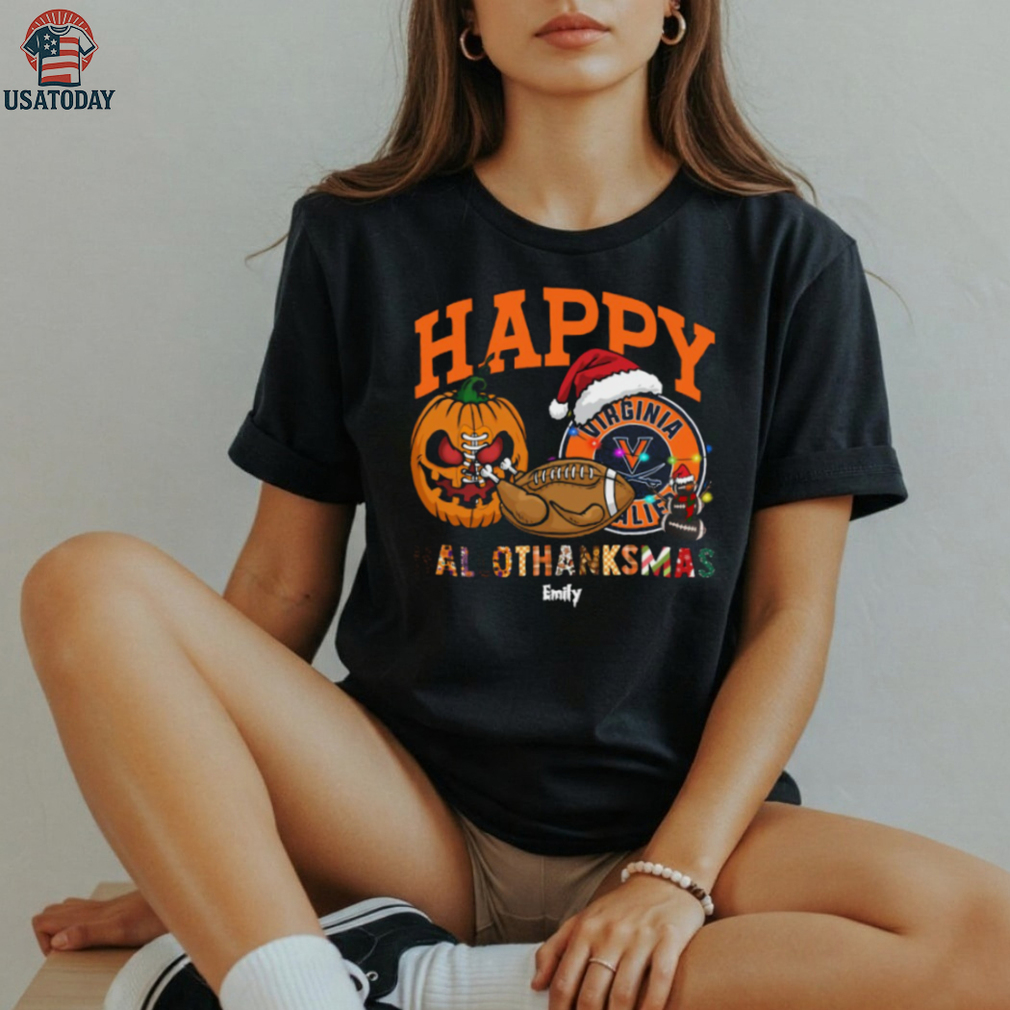 Custom Virginia Cavaliers HalloThanksMas Shirt, Cute Holiday Tee with Pumpkin Santa Hat Football, NCAA Gift for Halloween Thanksgiving Christmas Custom Virginia Cavaliers HalloThanksMas Shirt, Cute Holiday Tee with Pumpkin Santa Hat Football, NCAA Gift for Halloween Thanksgiving Christmas