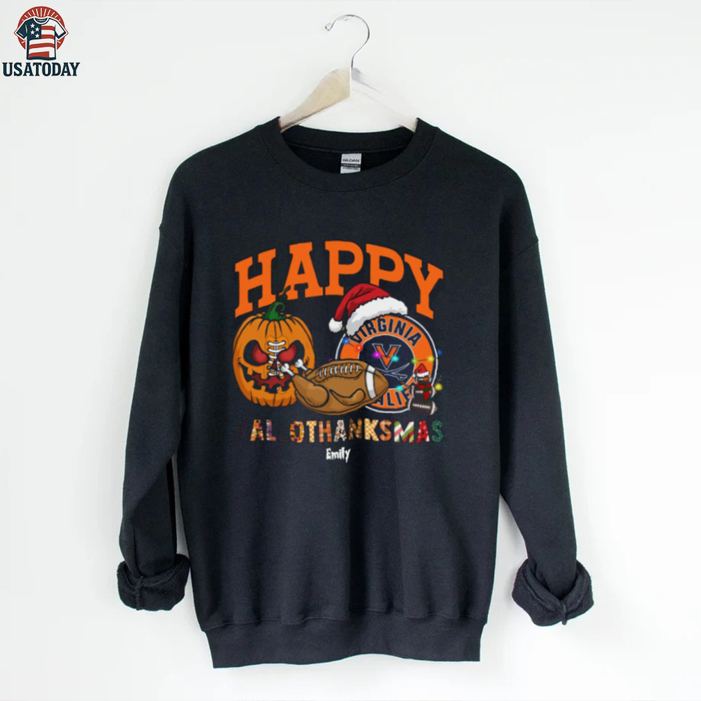 Custom Virginia Cavaliers HalloThanksMas Shirt, Cute Holiday Tee with Pumpkin Santa Hat Football, NCAA Gift for Halloween Thanksgiving Christmas Custom Virginia Cavaliers HalloThanksMas Shirt, Cute Holiday Tee with Pumpkin Santa Hat Football, NCAA Gift for Halloween Thanksgiving Christmas