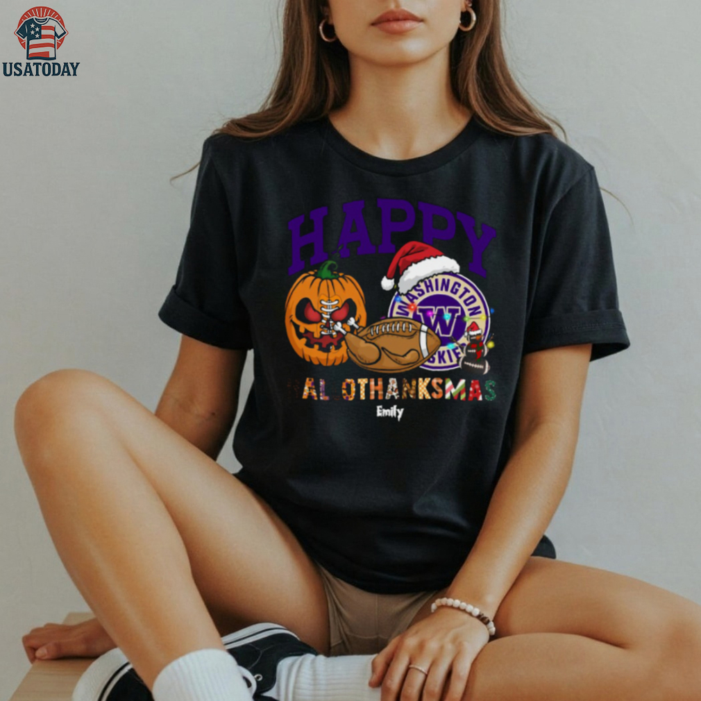 Custom Washington Huskies HalloThanksMas Shirt, Cute Holiday Tee with Pumpkin Santa Hat Football, NCAA Gift for Halloween Thanksgiving Christmas Custom Washington Huskies HalloThanksMas Shirt, Cute Holiday Tee with Pumpkin Santa Hat Football, NCAA Gift for Halloween Thanksgiving Christmas