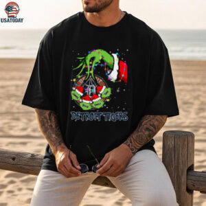 Detroit Tigers Grinch Christmas Lights Tee – Custom Name MLB Fan Shirt – Unique Holiday Baseball Gift