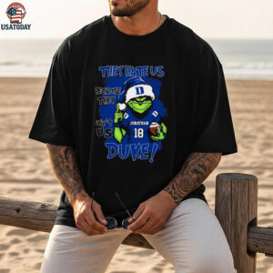 Duke Blue Devils Custom Name Grinch Christmas Tee – NCAA Football Fan Shirt – Quote Holiday Gift “They Hate Us Because They Ain’t Us”