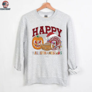Funny HalloThanksMas South Carolina Gamecocks Shirt, Personalized Holiday Tee with Pumpkin Football Santa Hat, NCAA Fan Gift for Halloween Thanksgiving Christmas